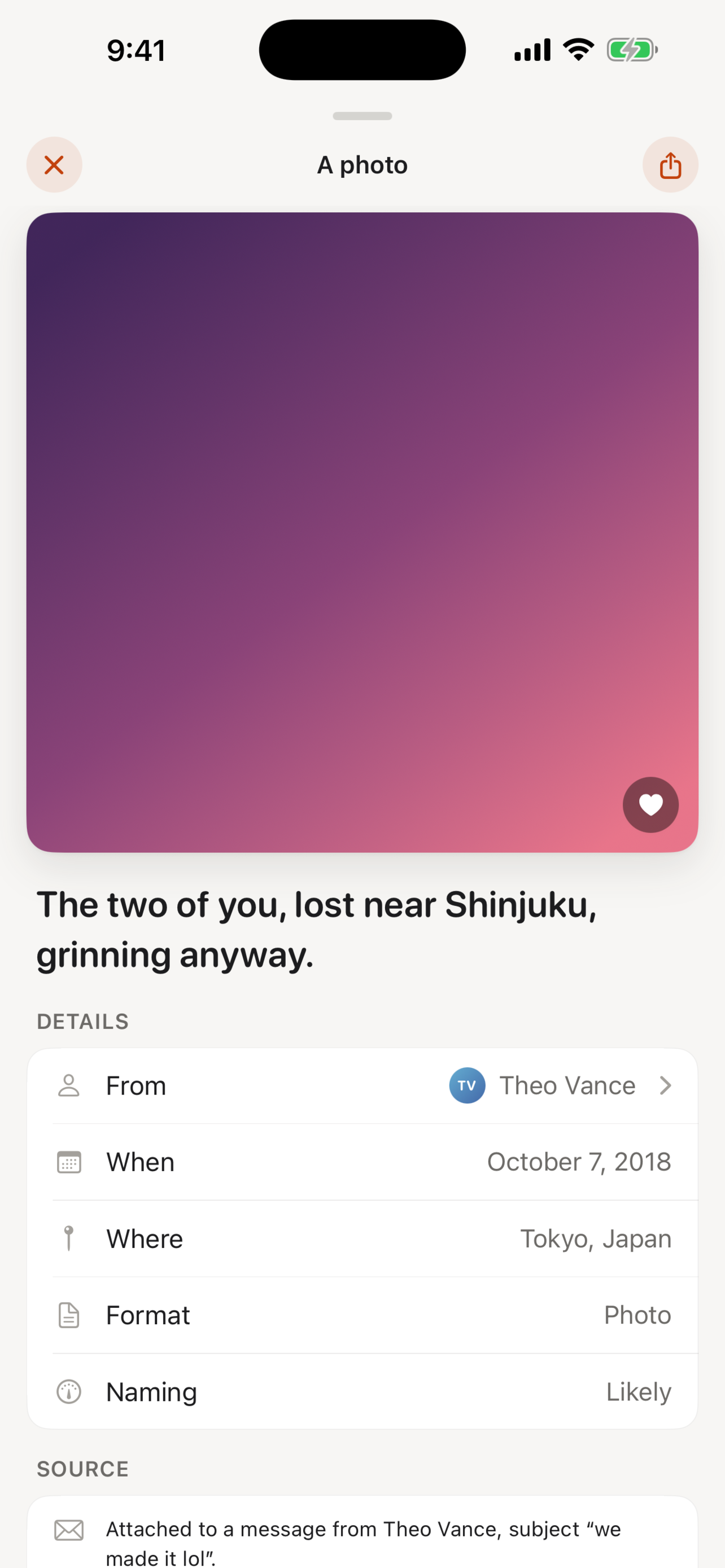A single memory open full-screen, with its story and the email it came from.