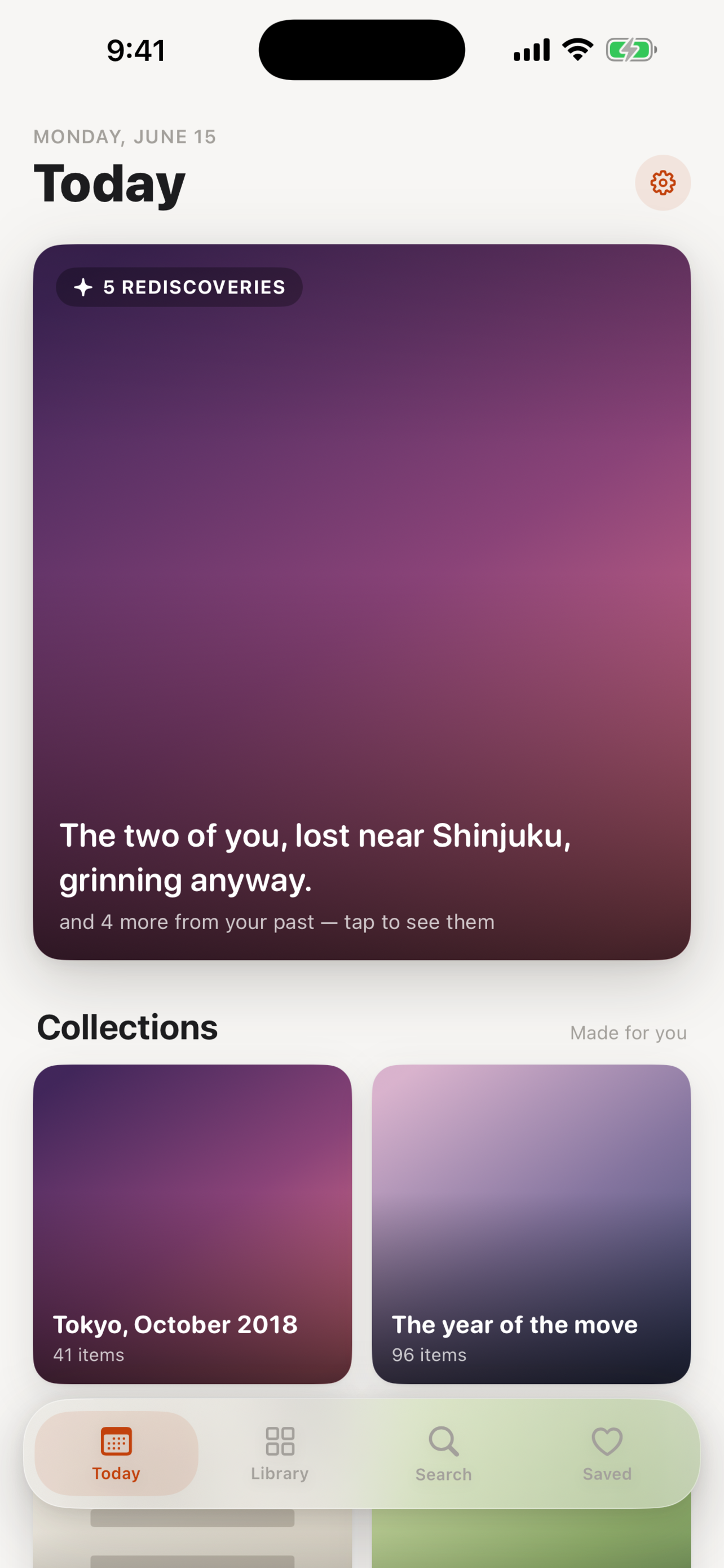 The Yesterglow Today screen: today's rediscoveries and auto-built collections from your mail.